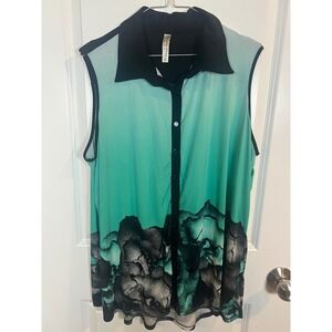 Perception‎ Women Sleeveless Button Down Floral Border Print Teal Black 3X